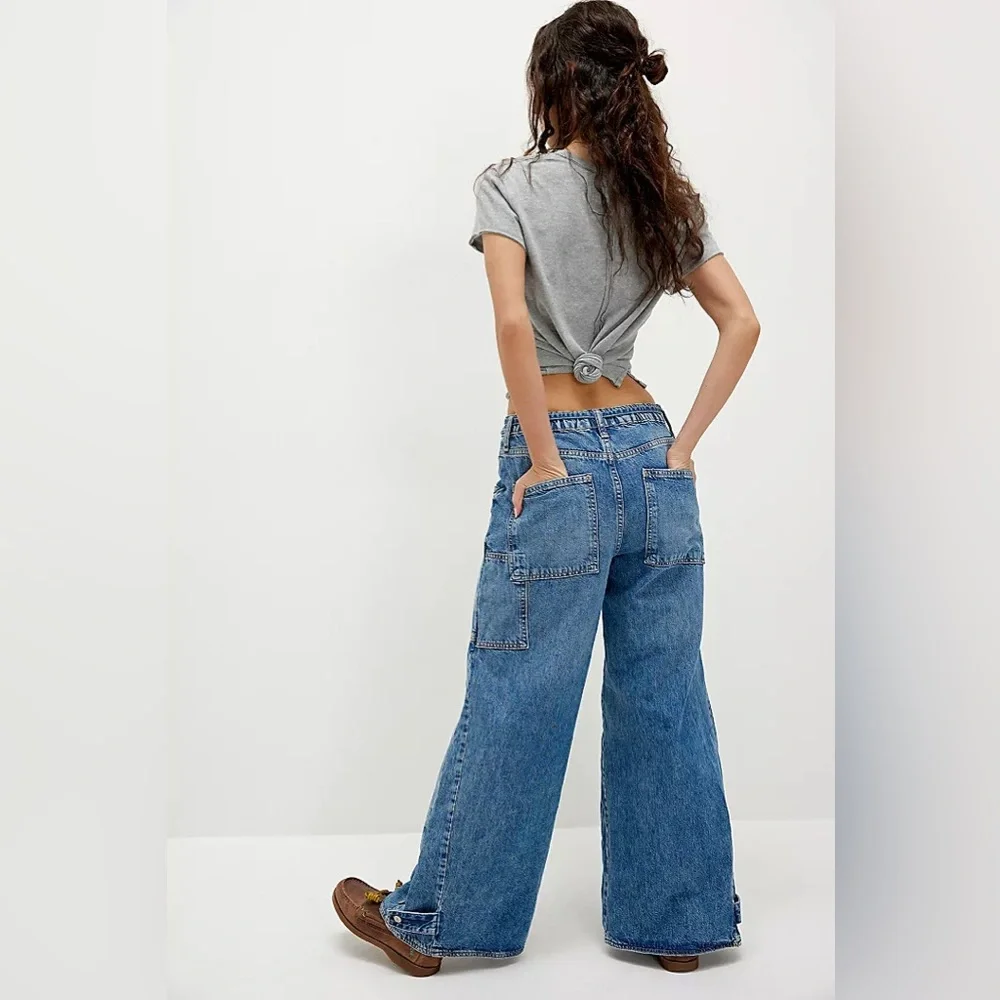 We The Free by Free People CRVY Outlaw Wide Leg Denim Blue Jeans sz XXL